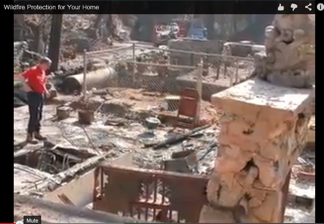Graphic showing a home after a fire burned everything but the foundation - go to video Wildfire Protection for Your Home 