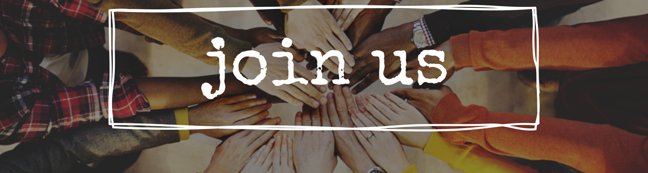 a group of hands overlapping in the middle of people, overlayed with the words 'Join Us'