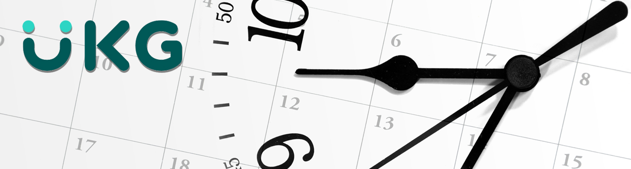 UKG logo on top of clock and calendar