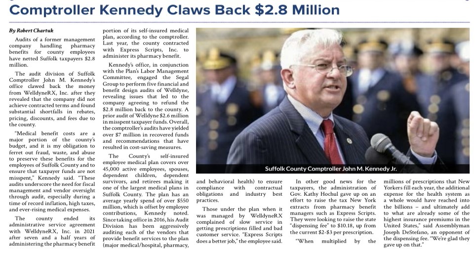 an article detailing the savings comptroller kennedy made from switching the county health prescription service from welldyneRX to Express Scripts